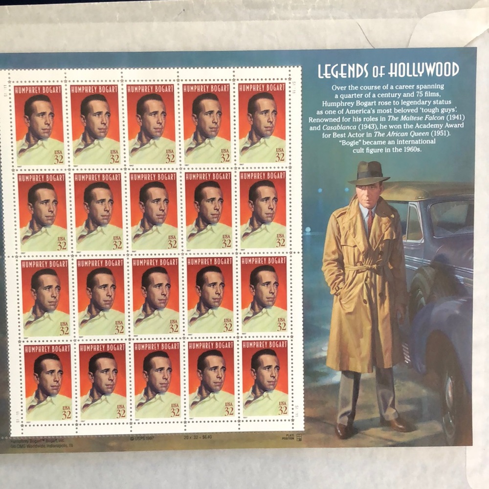 Humphrey Bogart, Legends of Hollywood, full sheet of 20x32 cent postage stamps